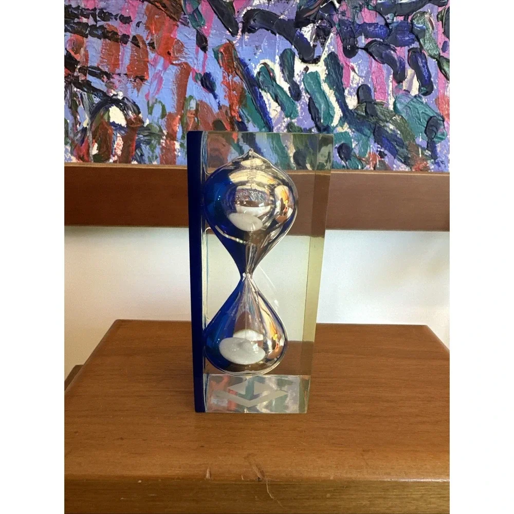 Vintage MCM Blue Lucite Acrylic Hourglass Paperweight Sand Timer Block Art